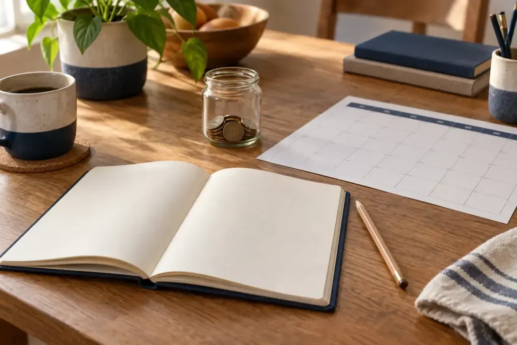 Notebook, calendar and coin jar on a wooden desk