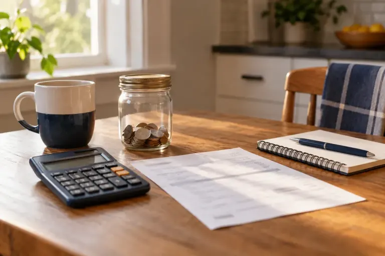 Savings jar, calculator and notebook beside a household repair bill.