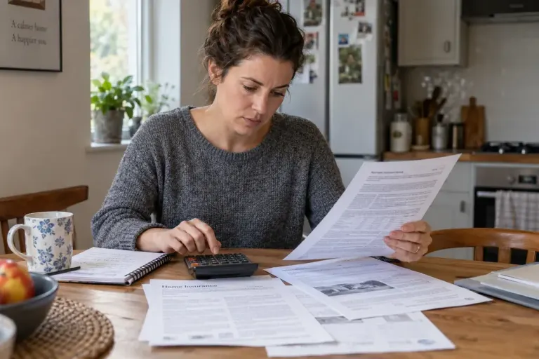 Adult comparing household insurance papers and a calculator at a small kitchen table, visible fine print on papers, no legible personal data.