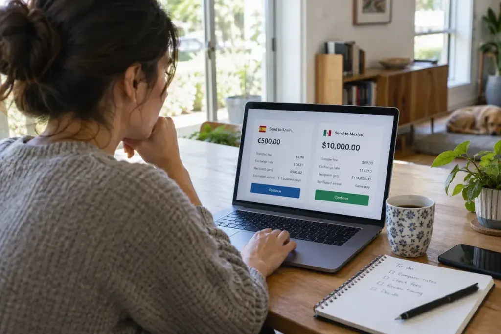 A person comparing two international money transfer quotes on a laptop beside a notebook.