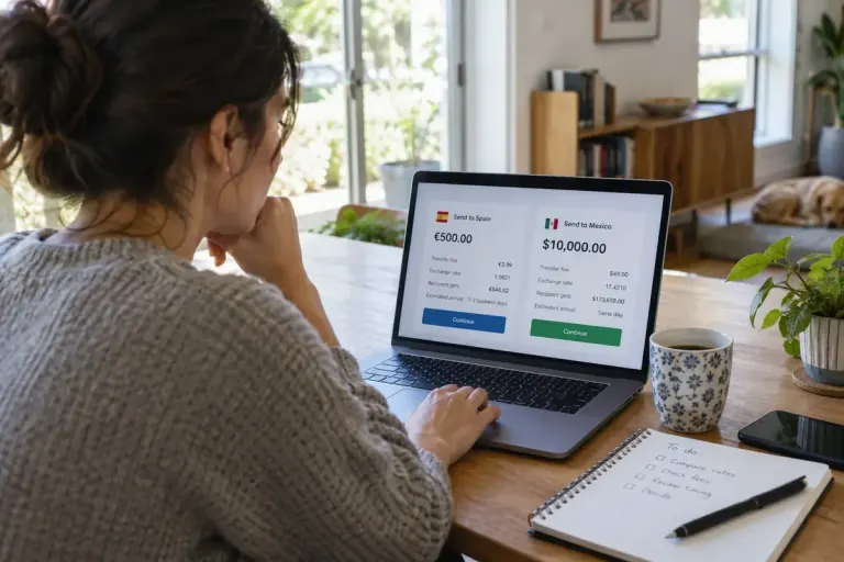A person comparing two international money transfer quotes on a laptop beside a notebook.