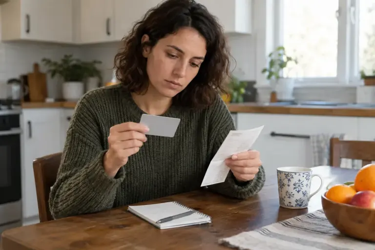 A person at a kitchen table checking a plain gift card and a receipt beside a small notebook.