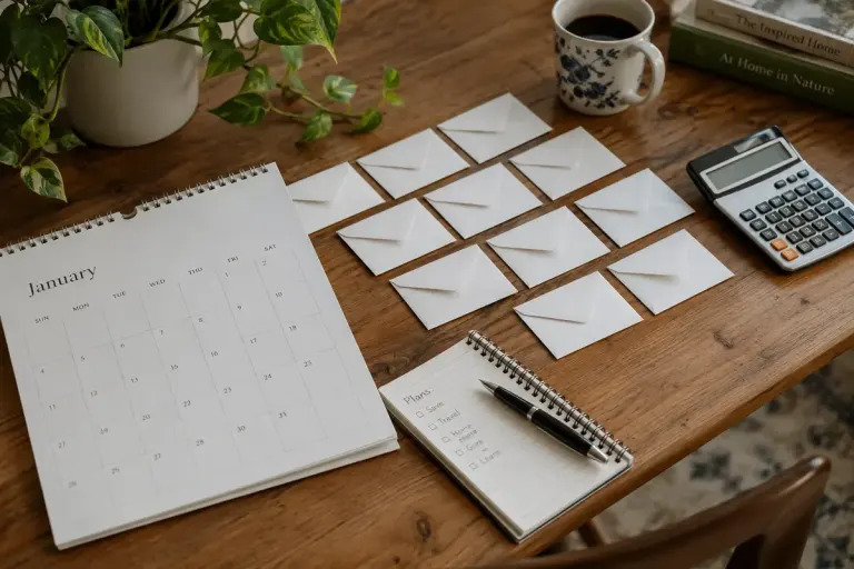 A calendar, blank envelopes, notebook and calculator arranged on a desk.