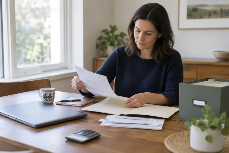 An adult sorting bank papers into a plain folder beside a closed laptop and a small document box.
