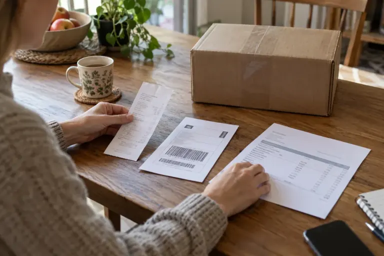Hands arranging a shop receipt, parcel return label and bank statement beside an unopened parcel on a wooden dining table.