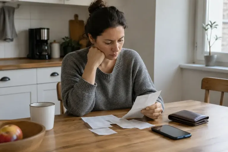 A person reviewing a paper household transaction list beside a closed wallet and phone with unreadable screen on a kitchen table.